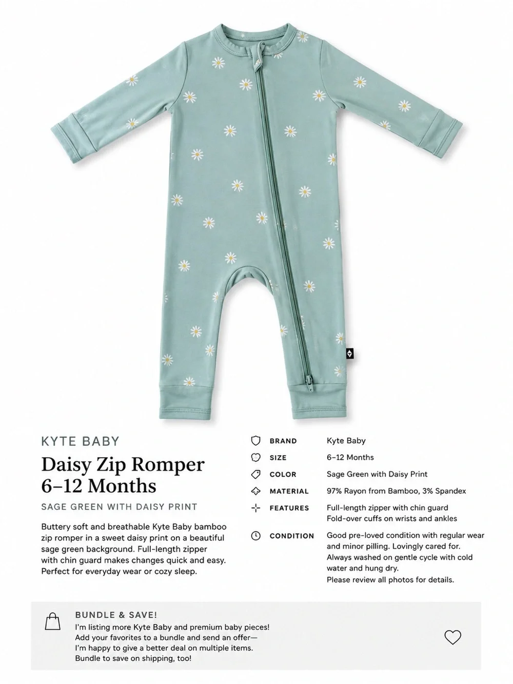 Kyte Baby Daisy Bamboo Zip Romper Sage Green 6-12M